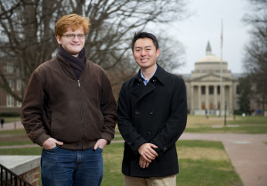 Matt Leming (left) and Larry Han, recipients of the Gates Cambridge scholarship, are seen on the campus of the University of North Carolina at Chapel Hill February 12, 2016. (photo by Jon Gardiner/UNC-Chapel Hill)
